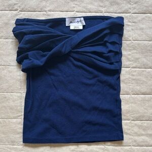 The Line by K Navy Ribbed Strapless Twist Top